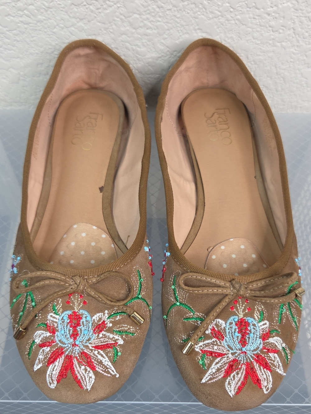 Franco Sarto Tan Embroidered Floral Ballet Flats